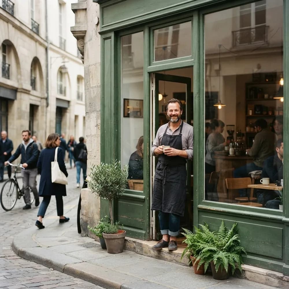 An independent business owner at a neighborhood storefront