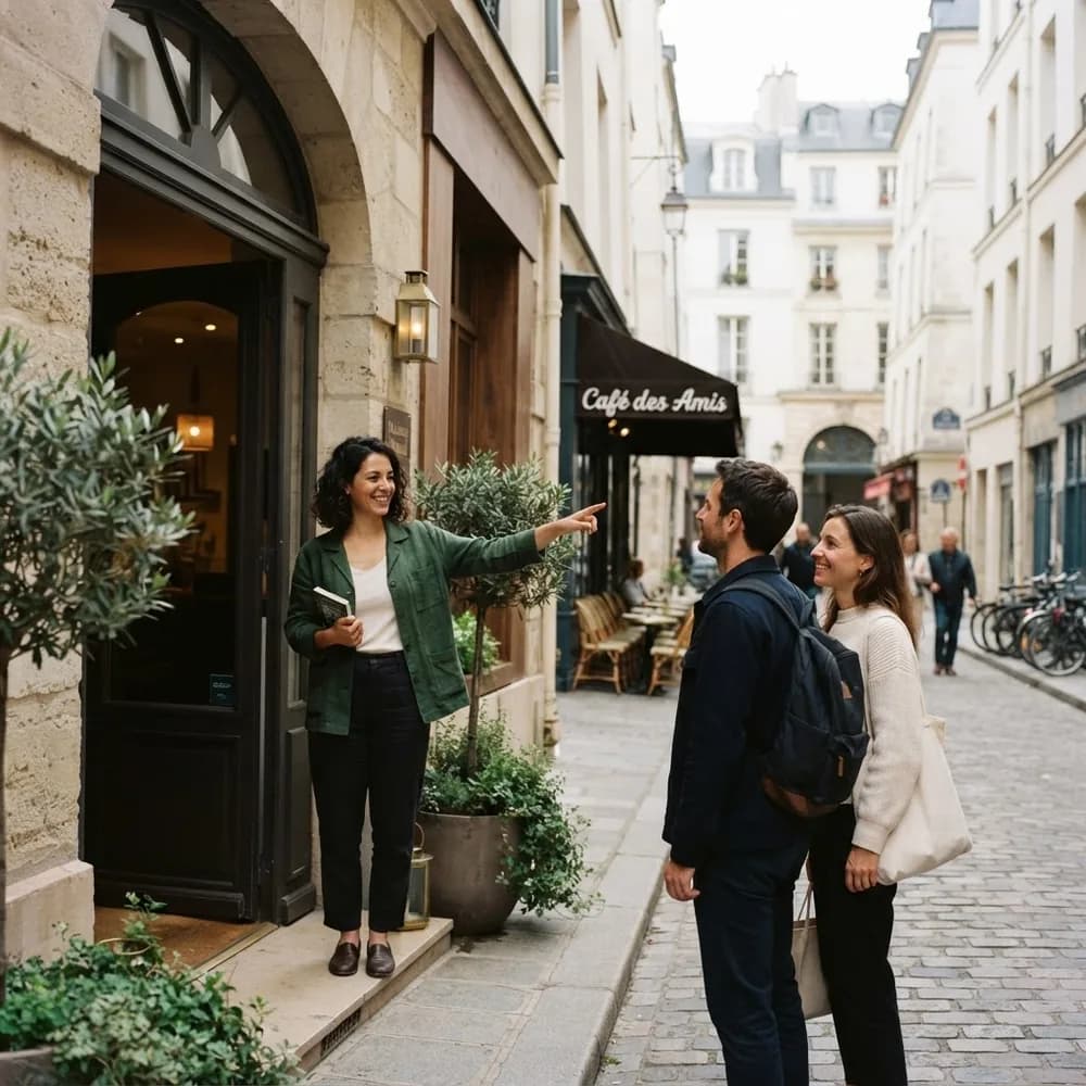 A host welcoming visitors to a neighborhood guesthouse